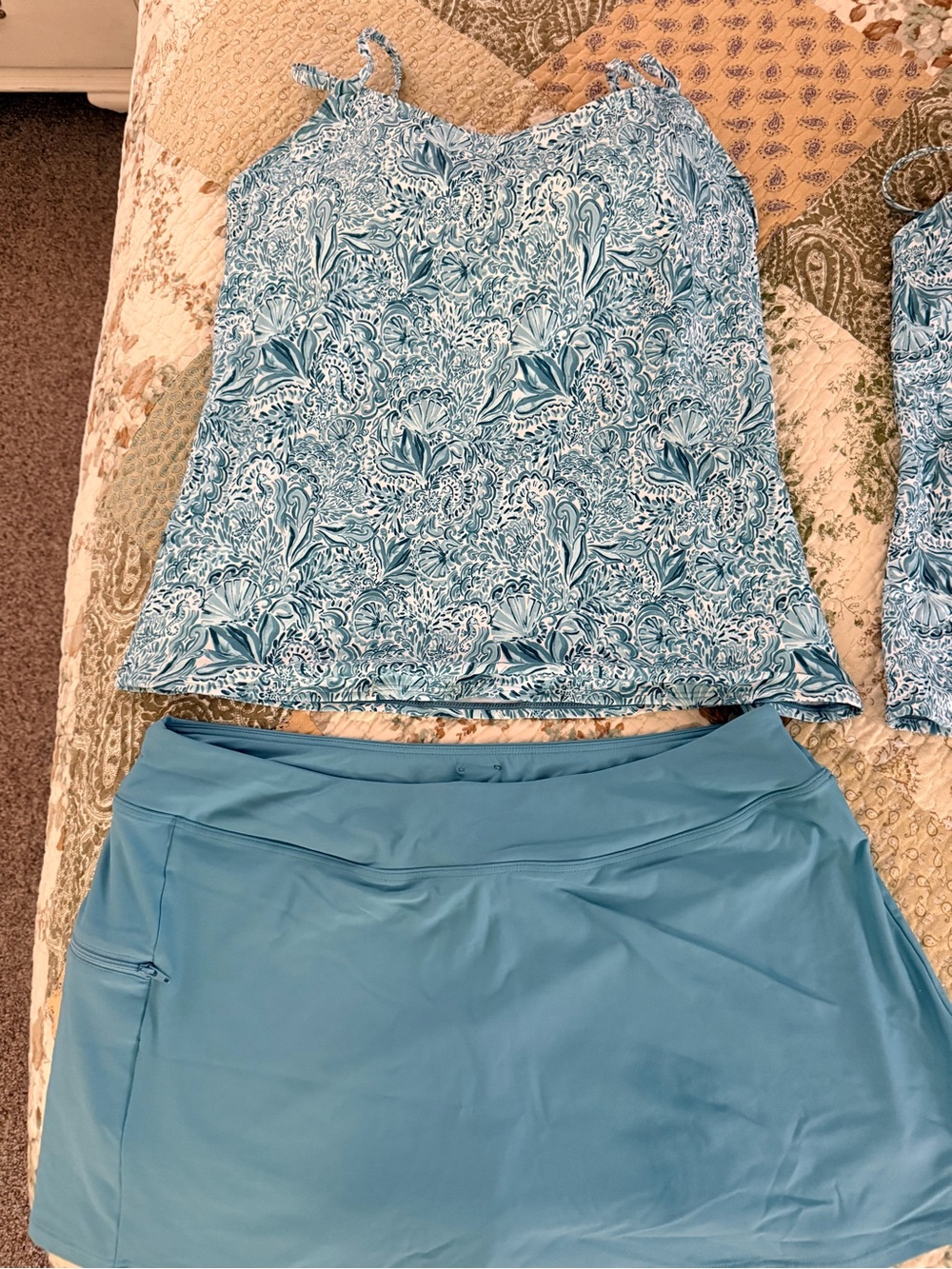 Women's Blue Printed Tank and Solid Blue Skirt Set